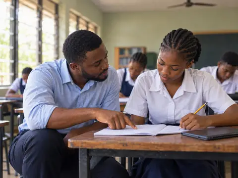 A teacher helping a student with the working in her exercise book