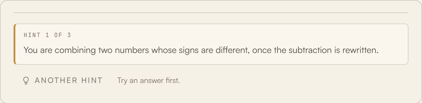 A lesson screen offering a first hint that points the way without giving the method