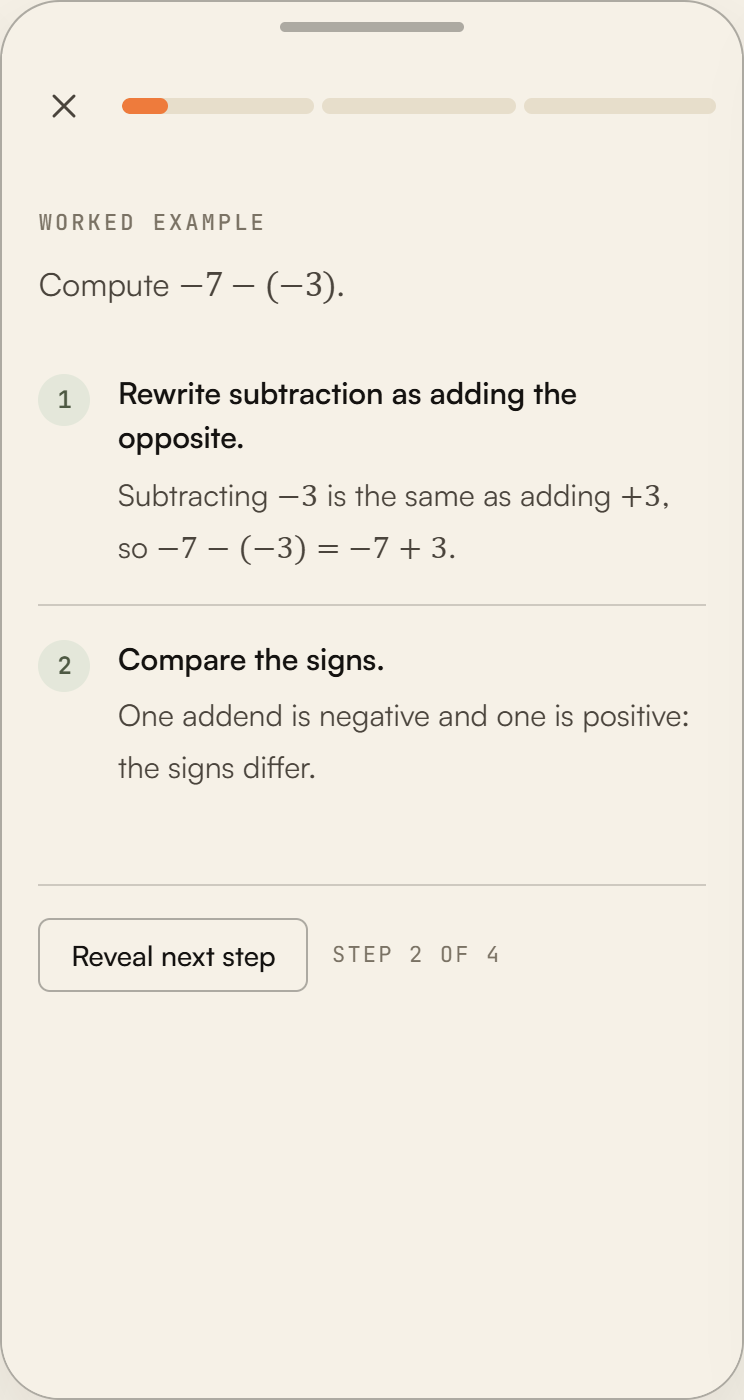 A worked example: compute −7 − (−3), shown in numbered steps